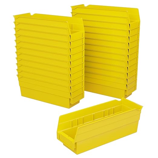 Akro-Mils 30120 Plastic Shelf Bins, Heavy Duty Storage Bins for Garage, Closet, and Drawer Organization, 12-Inch x 4-Inch x 4-Inch, Yellow, 24-Pack
