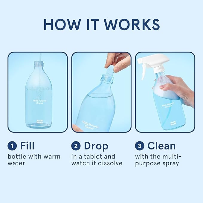 All Purpose Cleaning Tablet Kit with Reusable Glass Spray Bottle - Multipurpose Cleaner Spray Refills - 192 fl oz Total (12x 16 fl oz bottles of spray cleaner) - Plant-Based Cleaner - Ocean Breeze