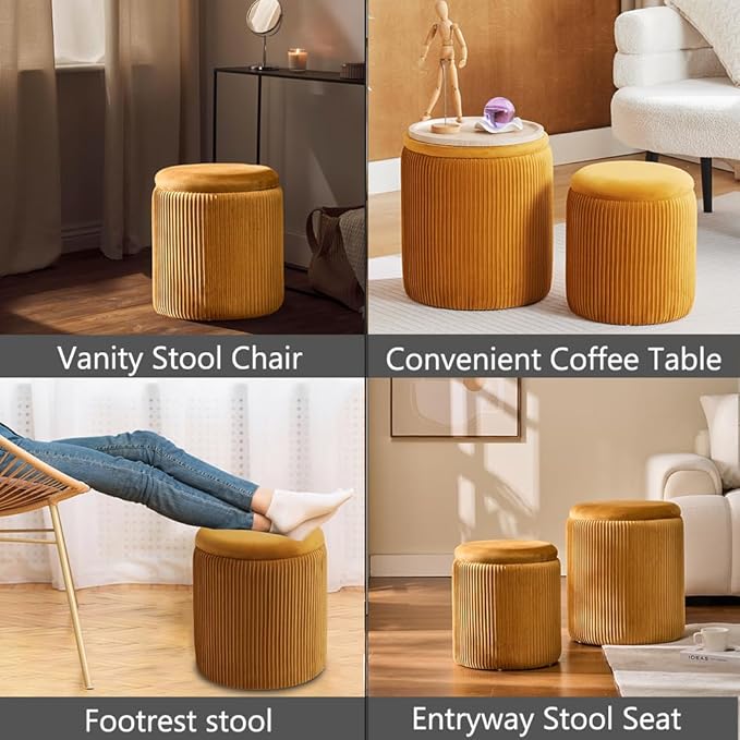 Round Ottoman with Storage Set of 2-Upholstered Velvet Vanity Stool for Makeup Multifunctional Ottomans Coffee Table Padded Seat Foot Rest for Living Room&Bedroom (Yellow-Upgrade Tray Lid)