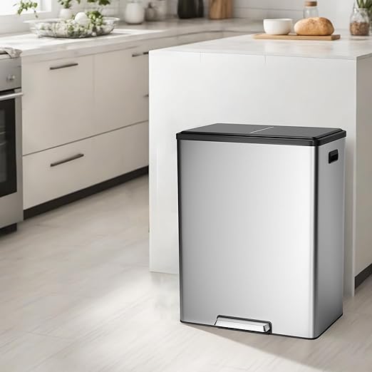 GarveeHome Step Dual Trash Can, 60L/16 Gallon Recycle Bins with Lid, 2 Removable Wastebusket, Step Pedal, Large Stainless Steel Double Trash Bin for Kitchen, Bathroom