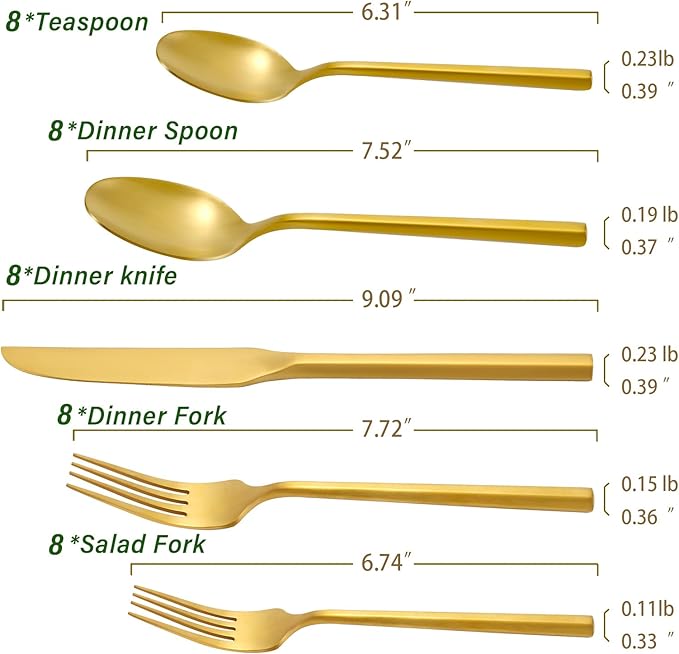 DEACORY Silverware Set with Serving Utensil Set Matte Gold Flatware Set Hand Forged Stainless Steel Cutlery Set 45 Pieces Matte Finished Hexagon Handle Service for 8, DE1004
