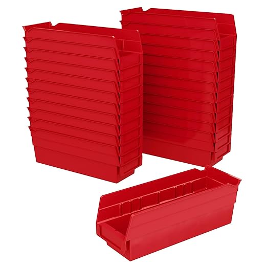 Akro-Mils 30120 Plastic Shelf Bins, Heavy Duty Storage Bins for Garage, Closet, and Drawer Organization, 12-Inch x 4-Inch x 4-Inch, Red, 24-Pack
