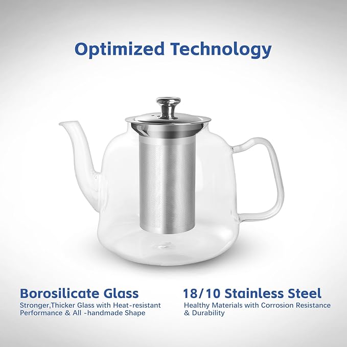 Glass Teapot with Infuser and Lid, 1300ml/43oz Borosilicate Glass Teapot with Stainless Steel Mesh Infuser for Loose Leaf & Blooming Tea, Stovetop & Microwave Safe