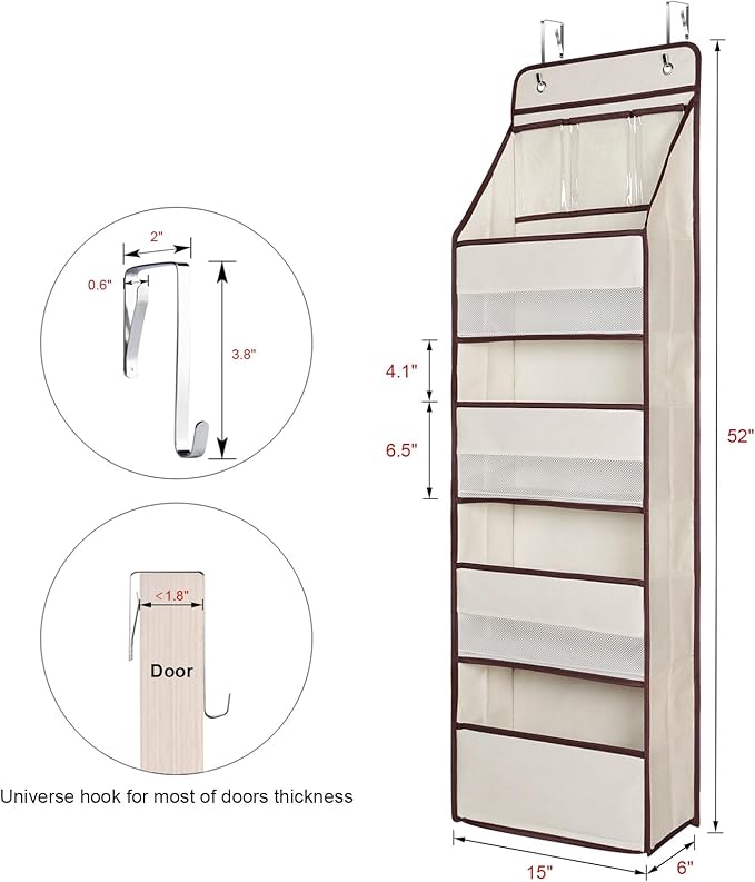 Univivi 5-Shelf Fabric Door Storage Over Door Hanging Organizer with 4 Large Pockets and 3 Small PVC Pockets Nursery Closet Cabinet Wall Mount Hanging Storage Organizers for Baby Nursery (Beige)