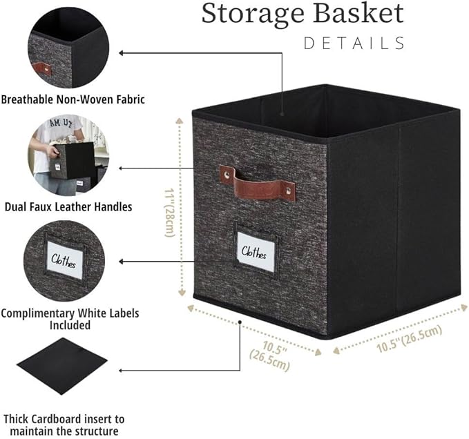 DECOMOMO Storage Bins, Cube Storage Bin with Labels, Fabric Storage Cubes for Shelves (10.5" x 11" / 6pcs, Black Pattern)