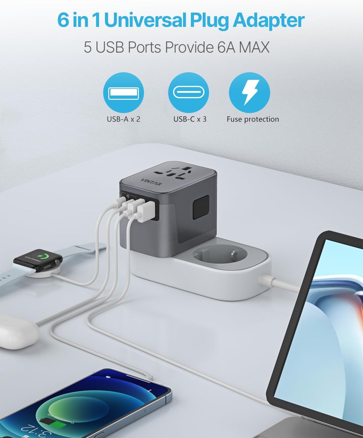 Universal Travel Adapter, VINTAR International Power Adapter with 6A 3 USB C and 2 USB Ports, All in One Travel Essentials Plug Adapter, Worldwide Outlet Converter for Europe UK USA AUS(Type C/G/A/I)