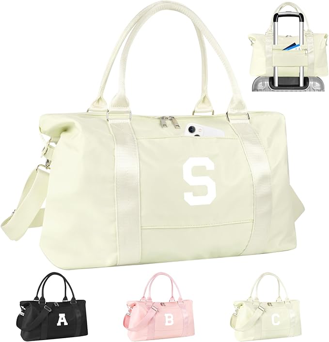 Initial Travel Duffel Bag Sports Gym Bag for Kids Teen Birthday Gifts,Beige Personalized Weekender Bag Carry On Dance Bags for Women Men,Waterproof Monogram Overnight Bag with Trolley Sleeve(Letter S)