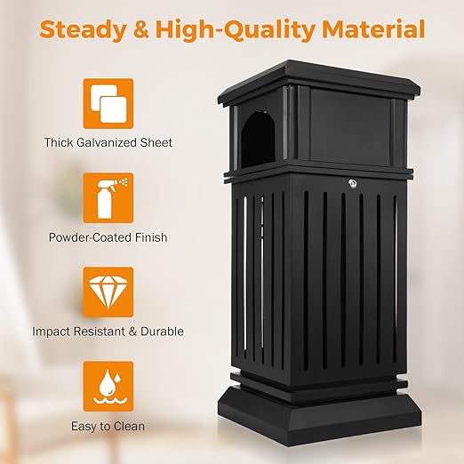 BEAMNOVA Trash Can Outdoor Top Tray Matte Black Stainless Steel Commercial Garbage Enclosure with Locking Lid Heavy Duty Industrial Yard Garage Waste Container, 35.5 * 15.8 * 15.8 in