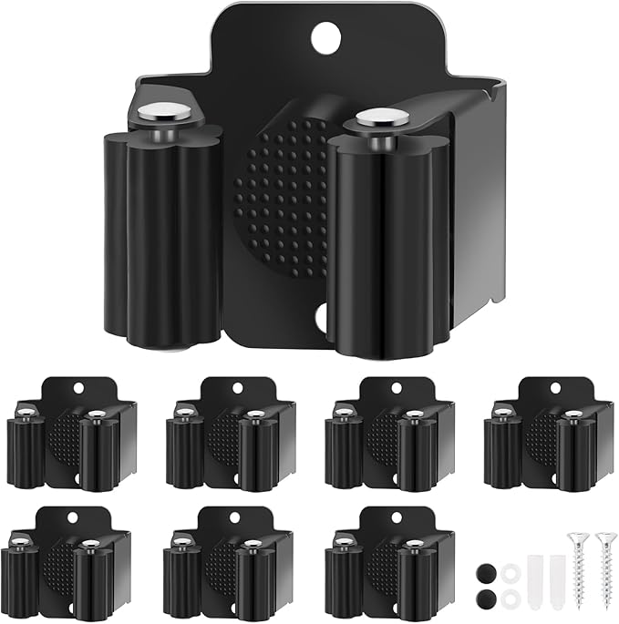 Broom Holder Wall Mount, 7PCS Broom Hanger Wall Mount, Stainless Steel Heavy Duty Mop Holder Broom Mop Hanger Wall with Screws, Garden Outdoor Tool Organizer Rack Broom Hanger (Black)