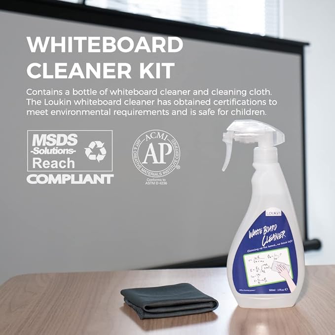 loukin Non-Toxic Whiteboard Cleaner, 17 fl oz Dry Erase Board Cleaner, Low-Odor Whiteboard Cleaning Spray with Cloth, Removes Stubborn Marks from Whiteboards, Chalkboard