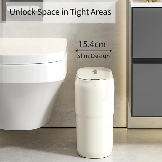 Slim Motion Sensor Trash Can for Bathroom, Automatic Compact Touchless Garbage Bin with Lid, 2.4 Gallon Small Electric Waste Basket for Narrow Apartment Dorm Office, Kitchen, Bedroom, Cream White