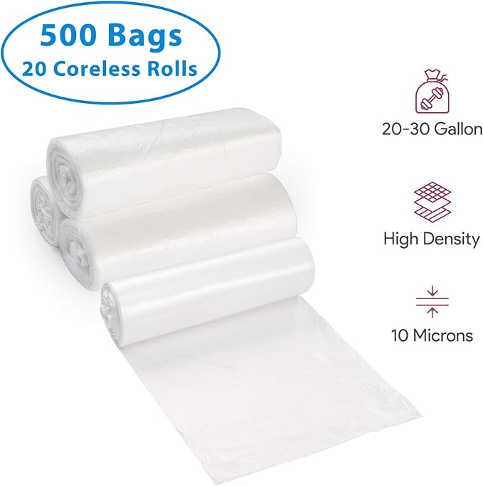 20-30 Gallon Clear Garbage Can Liners, 500 Count - Medium - Large Trash Can Liners - High Density, Thin, Lightweight, 10 Microns - For Office, Home, Hospital, Wastebaskets -20 Coreless Rolls