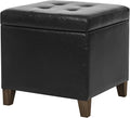 Adeco Faux Leather Storage Ottoman Bench with Solid Wood Legs, 17.7" Square Black PU Cube Foot Stool, Upholstered Button Tufted Vanity Chair with Hinged Lid for Living Room, Bedroom, Dorm