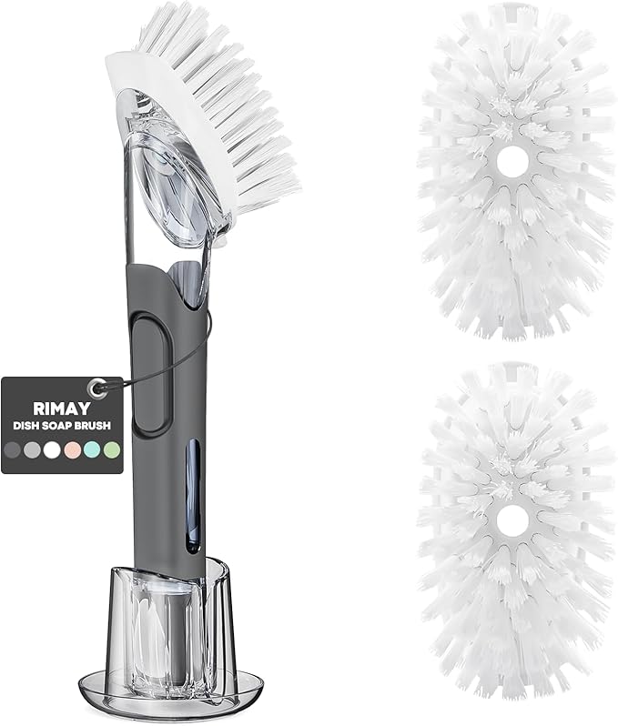 Soap Dispensing Replacement Dish Brush Storage Set with 2 PCS Brush Refills & Holder - RIMAY Dispenser Scrub Cleaning Scrubber Kitchen Dishwashing Dish Wand Handle for Dishes/Pans/Pots/Sink(Black)