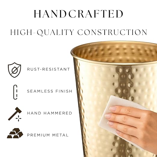 Monarch Abode Brushed Gold Hand Hammered Metal Wastebasket for Home Office Bedroom, Decorative Waste Basket, Modern Garbage Can, Durable & Decorative Trash Bin, Brushed Gold Bathroom Trash Can