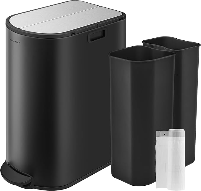SONGMICS 13-Gallon Dual Kitchen Trash Can, 5.3 and 8 Gallon Compartments, Garbage Can with Wing Lids, Stainless Steel, Soft Close, Inner Buckets, Ink Black and Metallic Silver ULTB570B50