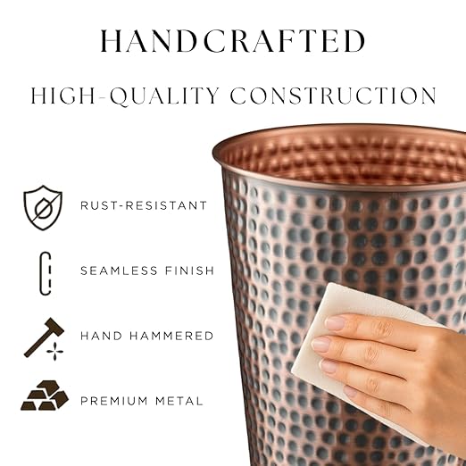 Monarch Abode Handcrafted Metal Wastebasket Trash Can for Home Office Bedroom, Decorative Wastebasket, Modern Bathroom Decor, Durable, Hand Hammered, Antique Copper Finish