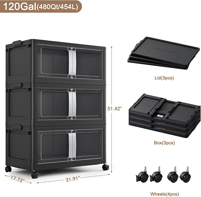 BROVIEW 480QT Stackable Storage Bins with Lids, 120Gal Extra Large Collapsible Storage Box with Wheel, Plastic Storages with Clear Door Open Front for Home Kitchen Garage, Black-3pack(3 lids)