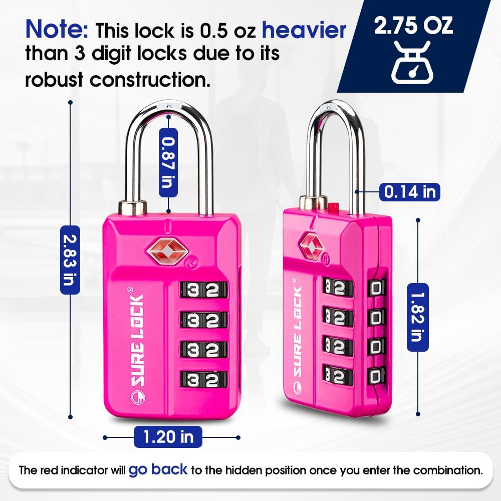 SURE LOCK TSA Approved 4-Digit Resettable Combination Luggage Locks with Open Alert, Easy-Read Dials - for Luggage, School Lockers, Gym, Office, Toolbox & Security Cases (Pink 1 Pack)