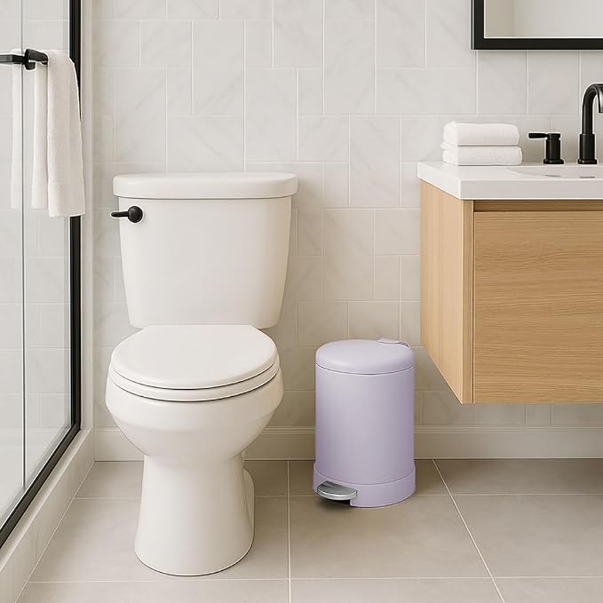 Glad Small Trash Can, 1.2 Gallon | Round Stainless Steel Garbage Bin with Soft Close Lid & Step Foot Pedal | Metal Waste Basket with Removable Inner Bucket, Lavender