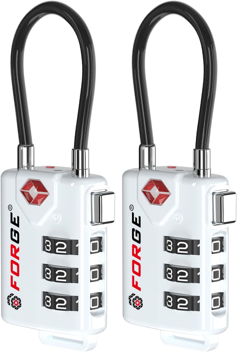 Forge TSA Approved Cable Luggage Locks, Re-settable Combination with Alloy Body(White 2 Locks)