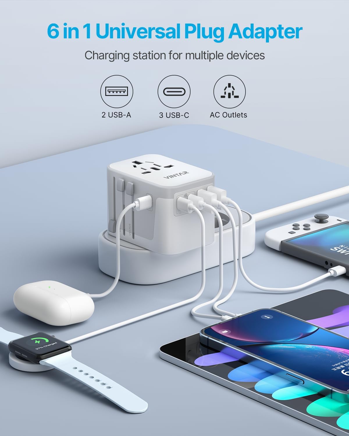 Universal Travel Adapter, VINTAR International Power Adapter with 6A 3 USB C and 2 USB Ports, All in One Travel Essentials Plug Adapter, Worldwide Outlet Converter for Europe UK AUS USA(Type A/C/G/I)