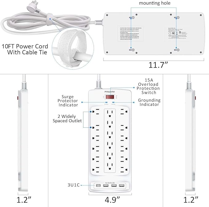 18 Outlets Surge Protector Power Strip - 10 Feet Flat Plug Heavy Duty Extension Cord with 18 Widely Outlets and 4 USB Ports, 2100 Joules, White, ETL Listed