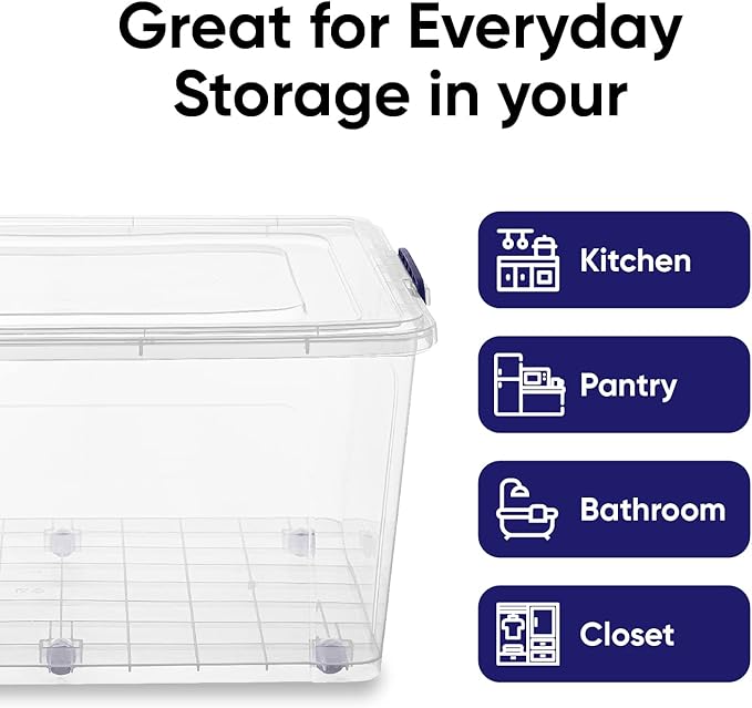 Superio Clear Storage Boxes with Wheels (2 Pack), 85 Qt Heavy Duty Containers with Lids, Stackable Rolling Bins for Home, Garage, Closet Organization- Linen, Tools, Clothing, Supplies
