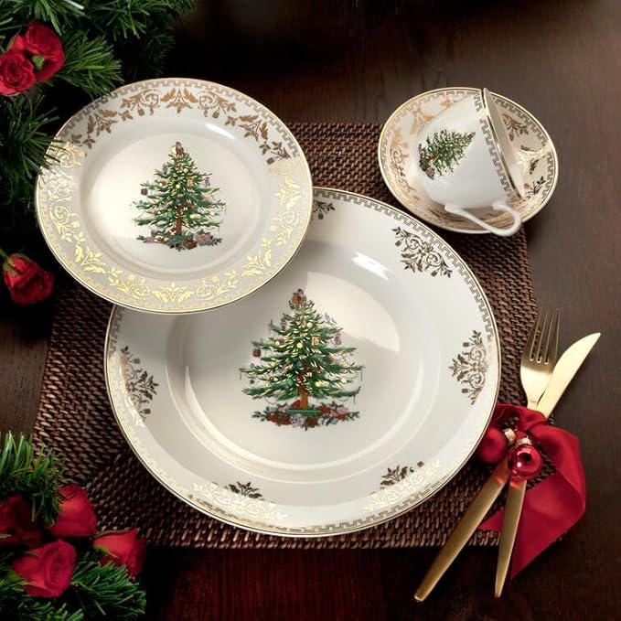 Spode Christmas Tree Gold Salad Plate, 8-Inch Porcelain Dinner & Appetizer Plate, Christmas Dinnerware, Microwave & Dishwasher Safe, Festive Collectible Seasonal Dining Plate