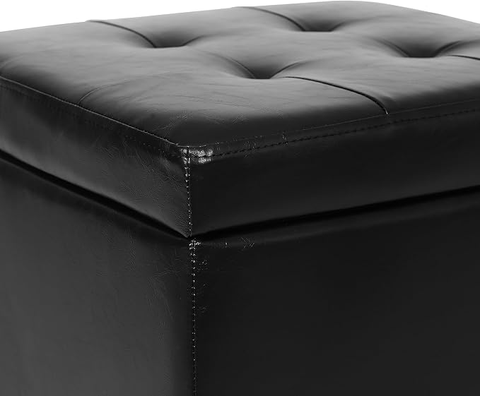 Adeco 17.7" Leather Ottoman with Wheels, Black Square Rolling Ottoman with Storage, Upholstered Button Tufted Vanity Stool with Hinged Lid for Living Room, Bedroom, Dorm