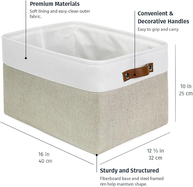 OrganiHaus Extra Large Fabric Storage Bins for Shelves 16x13in, Closet Storage Baskets for Shelf Organizing, Canvas Rectangle Bins for Organization, Linnen Baskets for Organizing - Beige/Off-White