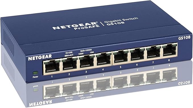 NETGEAR 8-Port Gigabit Ethernet Unmanaged Switch (GS108) - Desktop or Wall Mount, and Limited Lifetime Protection