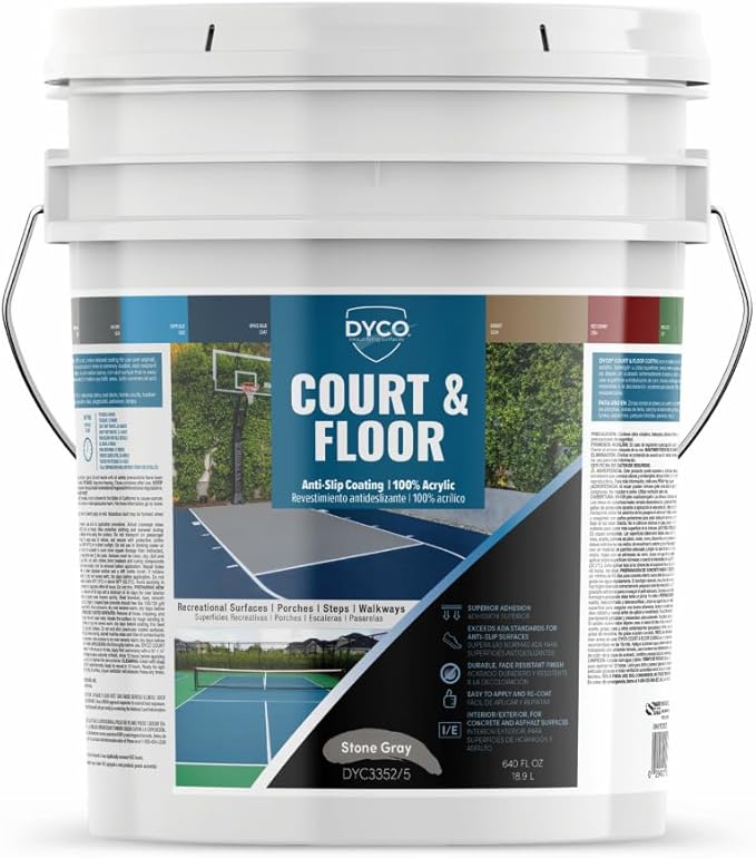 DYCO Court & Floor Anti-Slip Coating - Slip-Resistant Pavement, Cement & Concrete Paint for Pickleball, Tennis & Basketball Courts, Exceeds ADA Standards for Safety Areas (Stone Gray, 5 Gallons)