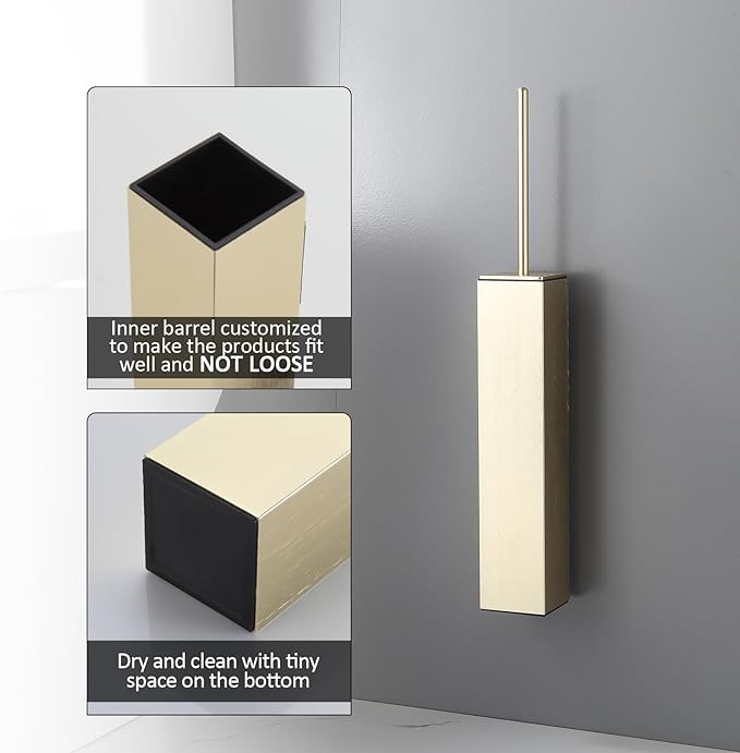 BGL Toilet Brush and Holder Set Brushed Gold Wall Mounted for Bathroom Square Design