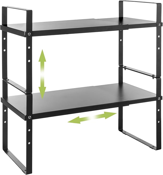 Expandable Cabinet Shelf Organizer Rack, Stackable Kitchen Counter Storage Shelves Stand, Adjustable Height Pantry Shelf Spice Rack (Black, 2 Pack)