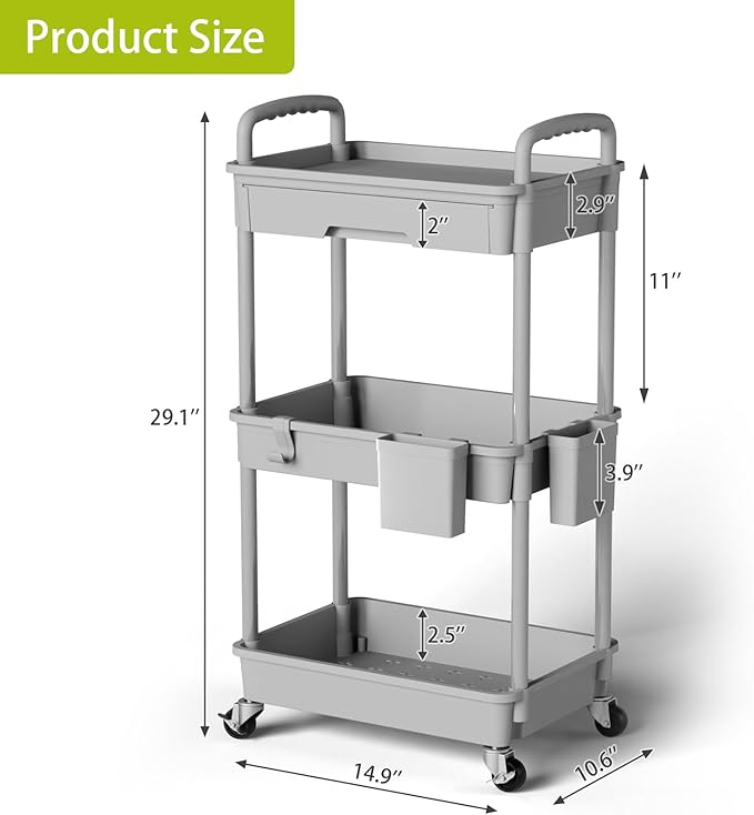 3 Tier Rolling Cart Organizer,Laundry Room Bathroom Organizers and Storage Office Shelves Mobile Shelving Unit Kitchen Trolley Cart with Wheels for Art,Craft,Diaper,Bedside,Snack(Grey)