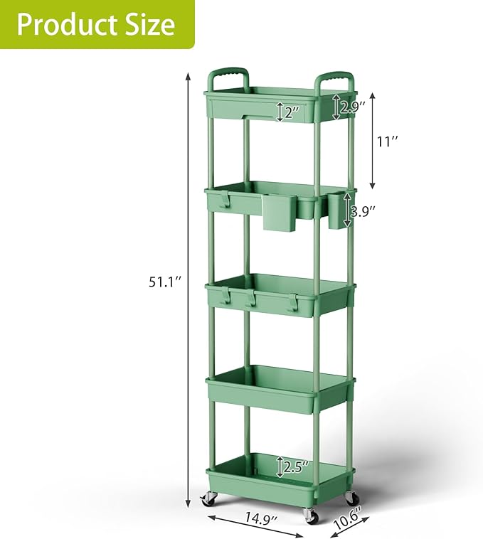 5 Tier Rolling Cart Organizer,Bathroom Cart Organizers with Wheels Laundry Room Organization Mobile Shelving Unit Utility Cart Storage Shelves Multi-Functional for Office, Home(Green)