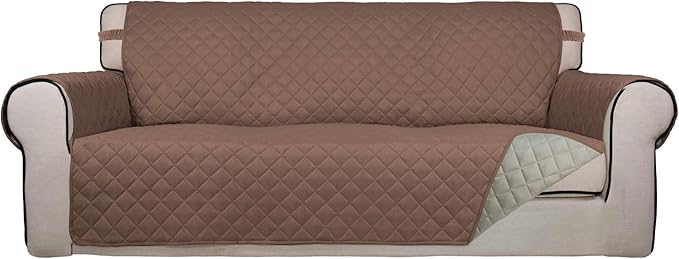 PureFit Reversible Quilted Sofa Cover, Water Resistant Slipcover Furniture Protector, Washable Couch Cover with Non Slip Foam and Elastic Straps for Kids, Pets (X Large, Brown/Beige)