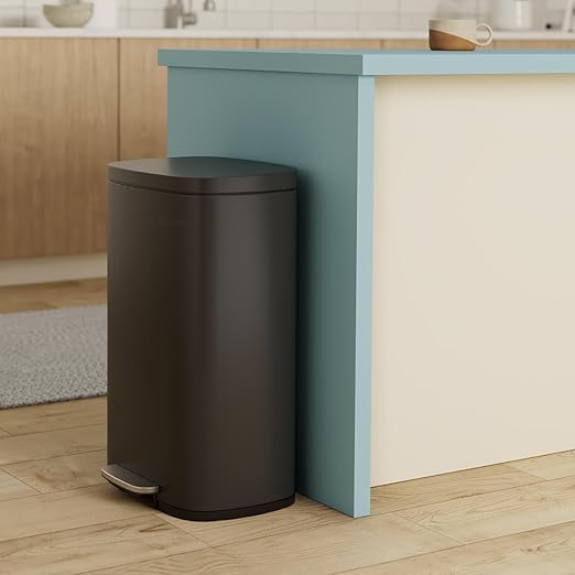 SONGMICS 13 Gallon (50 L) Trash Can, Stainless Steel Kitchen Garbage Can, Recycling or Waste Bin, Soft Close, Step-On Pedal, Removable Inner Bucket, Black ULTB050B01