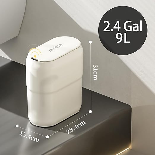 Slim Motion Sensor Trash Can for Bathroom, Automatic Compact Touchless Garbage Bin with Lid, 2.4 Gallon Small Electric Waste Basket for Narrow Apartment Dorm Office, Kitchen, Bedroom, Cream White