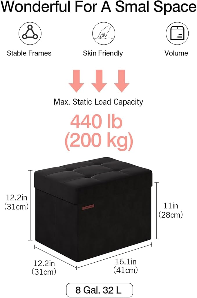 Folding Storage Ottoman, Velvet Storage Bench, Footrest, Foot Stool, for Living Room, Bedroom and Office,12.2 x 16.1 x 12.2 Inches, 200 kg Load Capacity, Ink Black,UASND03B