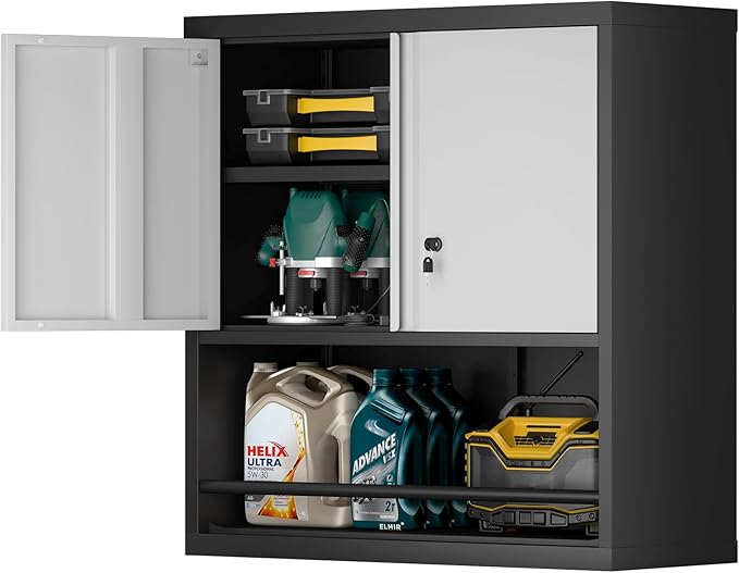 Metal Garage Cabinets, Lockable Storage Cabinet, Metal Cabinet with Open Storage, Upper Tool Cabinet for Basement, Wall Mounted Cabinets for Shop