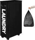 DOKEHOM 29-Inches Enlarged Slim Laundry Basket with Removable Wash Bag on Wheels, Collapsible Rolling Laundry Hamper, Foldable Narrow Corner Clothes Storage Bins (Black)