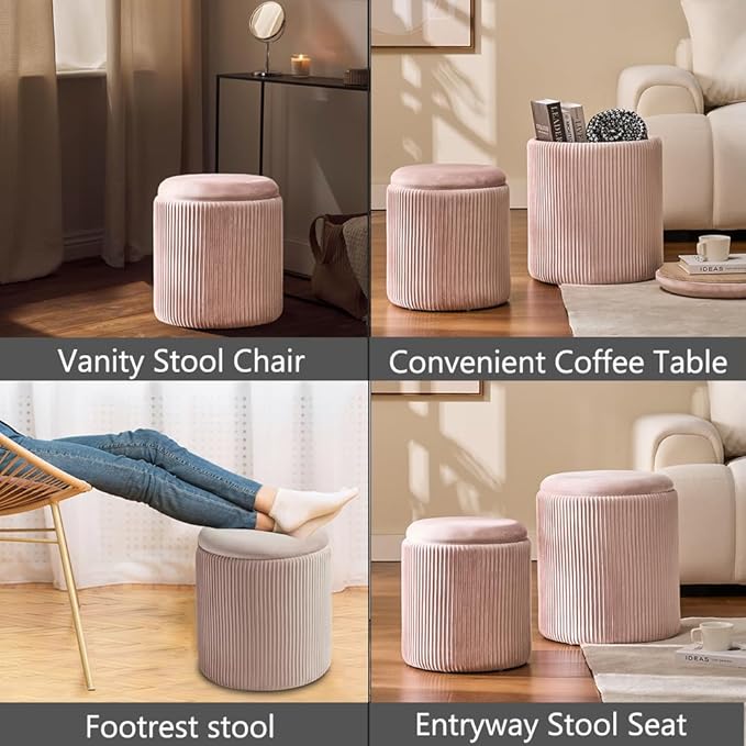 Round Set of 2 Ottoman with Storage-Upholstered Velvet Vanity Stool for Makeup Multifunctional Ottomans Coffee Table Padded Seat Foot Rest for Living Room&Bedroom (Pink)