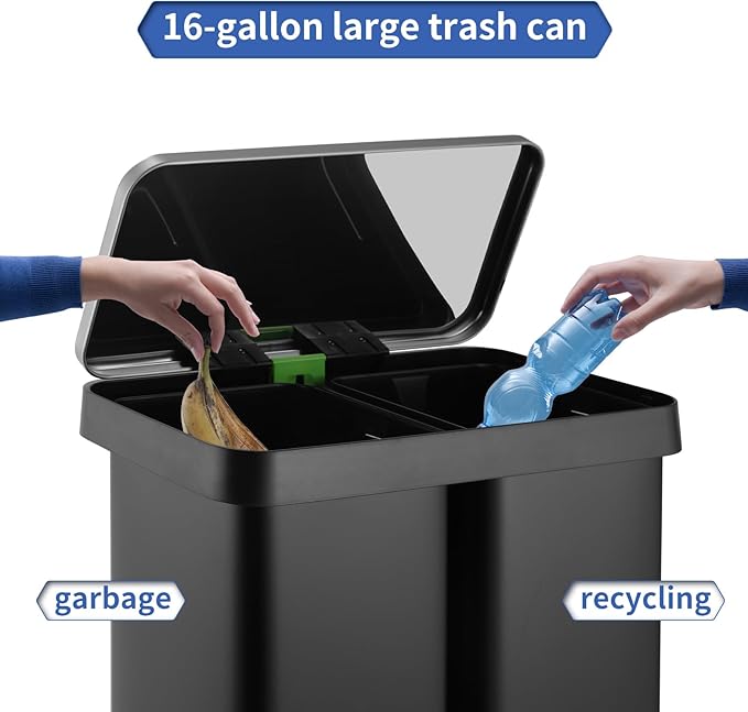 16 Gallon Dual Compartment Trash Can, Hands-Free Recycling Rectangular Garbage Bin, Stainless Steel Step-On Dustbin with Soft-Close Lid, Removable Inner Buckets, for Kitchen Home