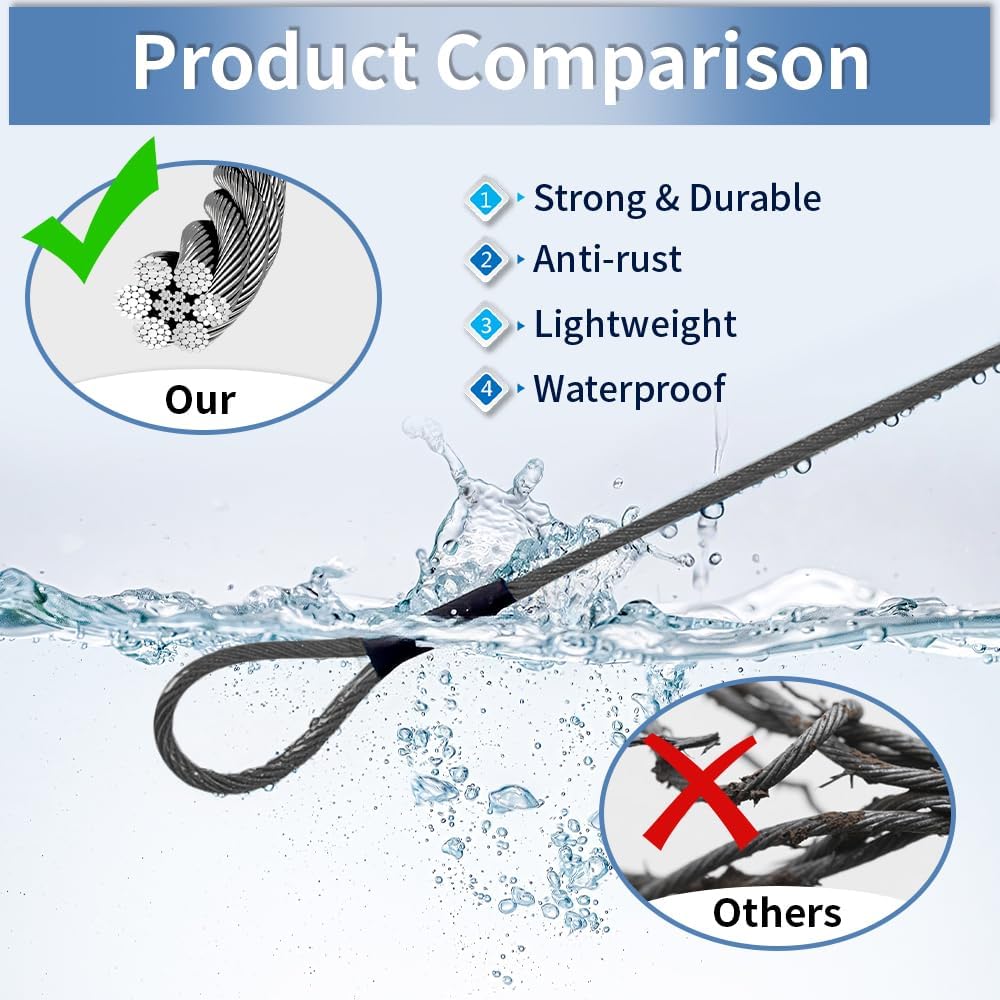 3.3mm (1/8 Inch) Outdoor Travel Stainless Steel Security Cable-6ft Luggage Lock Safety Wire Flexible Steel Wire Rope with Double Loop Safety for Luggage, Bike, Lock(Black, 6ft-(2Pack)