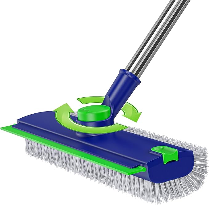 Floor Scrub Brush with Long Handle: 3 in 1 Heavy-Duty Floor Scrubber Brush with Squeegee for Cleaning Tile Bathroom Deck Kitchen Patio
