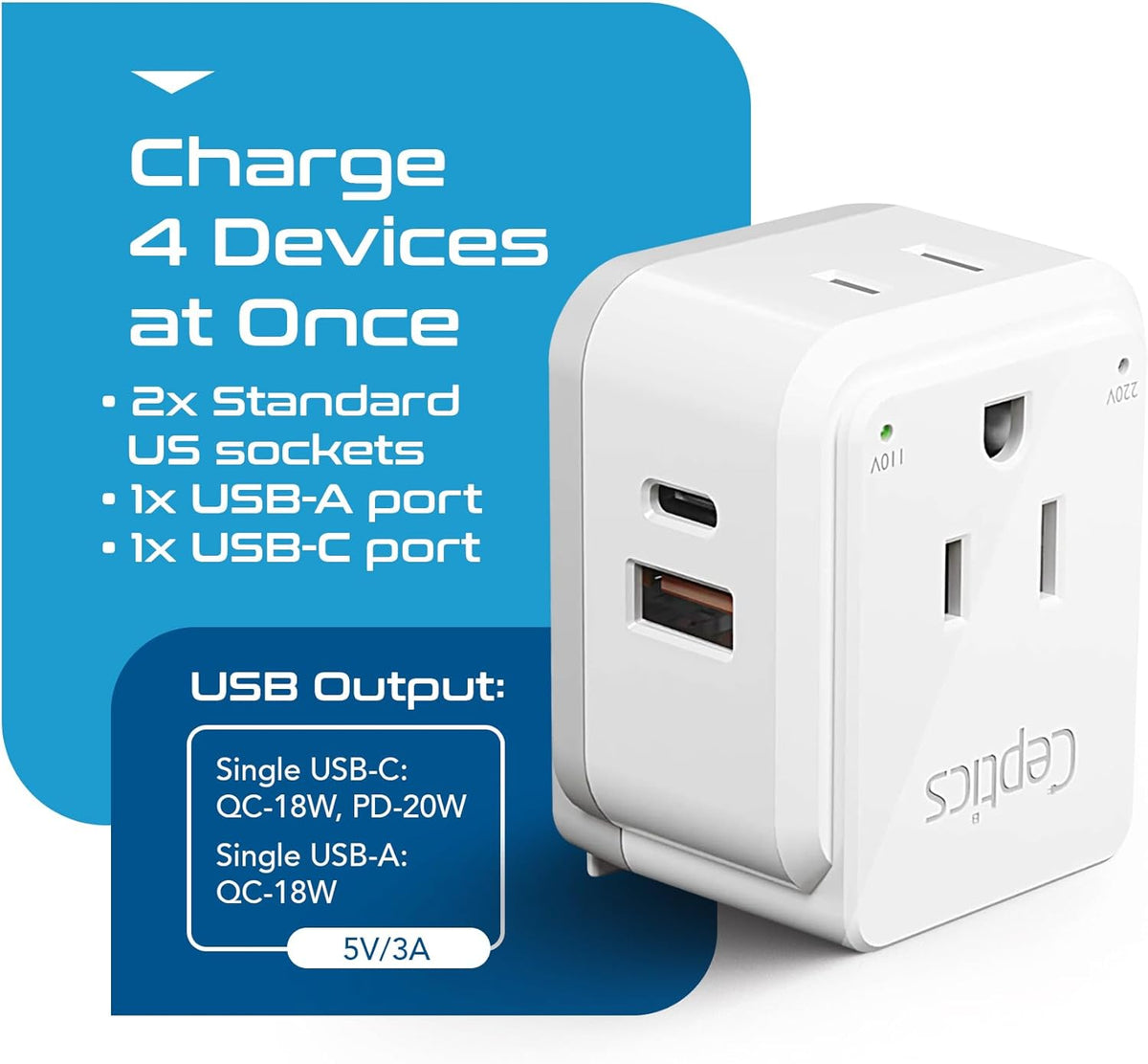 Ceptics Israel, Jordan Power Plug Adapter Travel, 20W PD & QC, Safe Dual USB & USB-C 3.1A -2 USA Socket - Use in Jerusalem, Palestine, UAE - Includes Type H, Type C, Type G Swadapt Attachments