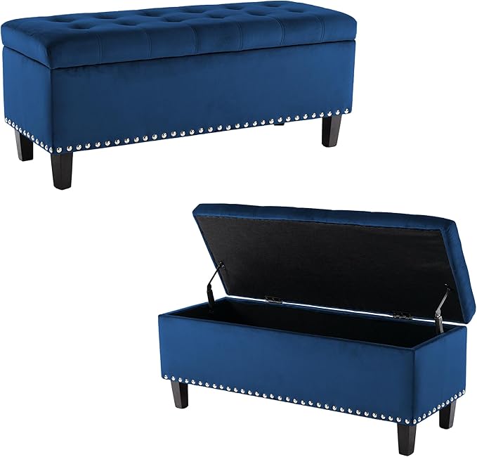 Ottoman with Storage, Storage Ottoman Bench with Button-Tufted, Upholstered End of Bed Bench with Wooden Legs for Bedroom, Entryway (Navy Blue, Set of 1)