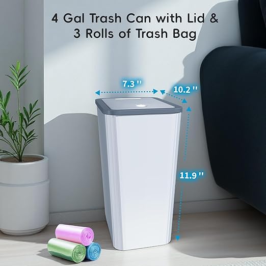 Small Trash Can, 3 Pack 4 Gallons Bathroom Garbage Can with Lid Press-Top, Small Waste Basket with Trash Bags, Slim Plastic Garbage Bin for Dorm, Office, Bedroom, Kitchen, Living Room （ Black ）